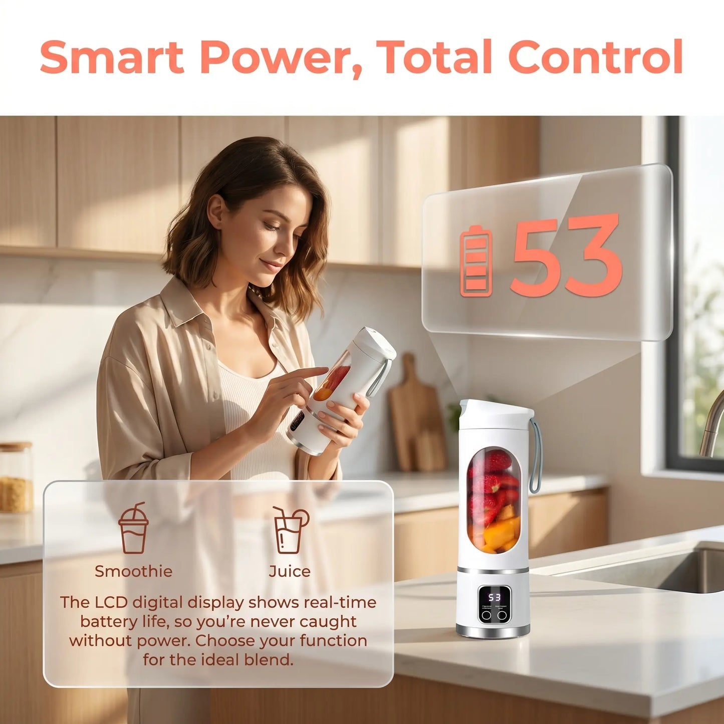 【Summer Sale Deals】 Portable 15.22 Oz USB Rechargeable Personal Blender with LED Display, Durable Abs Material, Perfect for Smoothies & Juices, Home Kitchen Essential