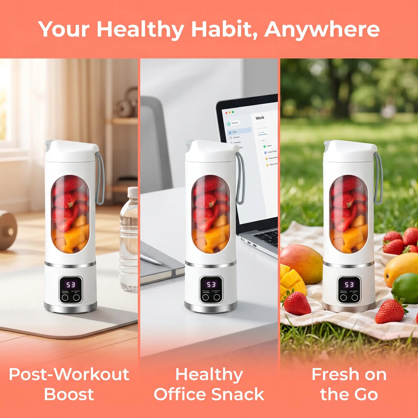 【Summer Sale Deals】 Portable 15.22 Oz USB Rechargeable Personal Blender with LED Display, Durable Abs Material, Perfect for Smoothies & Juices, Home Kitchen Essential